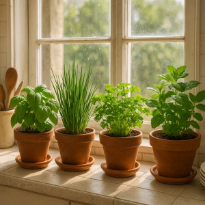 Small indoor herb garden on a sunny kitchen windowsill