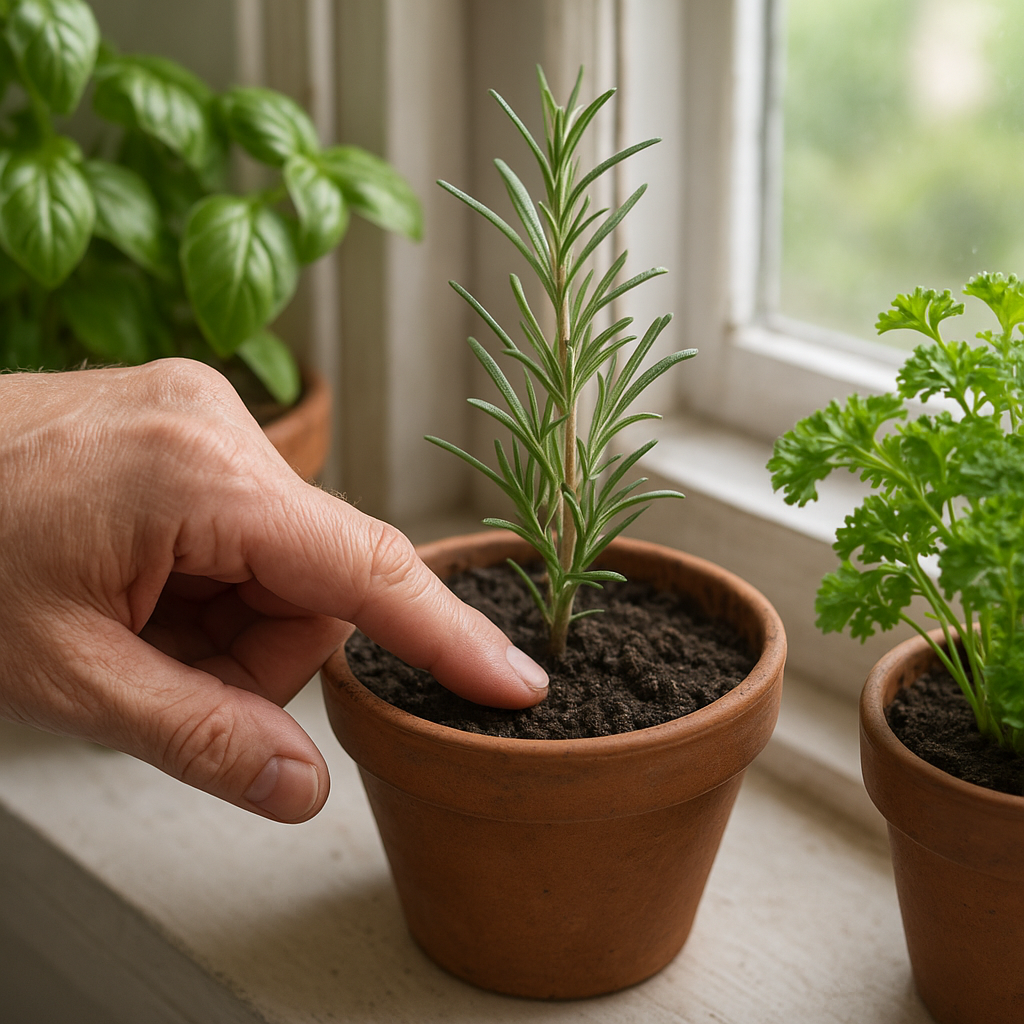 Checking soil moisture in a windowsill herb pot before watering