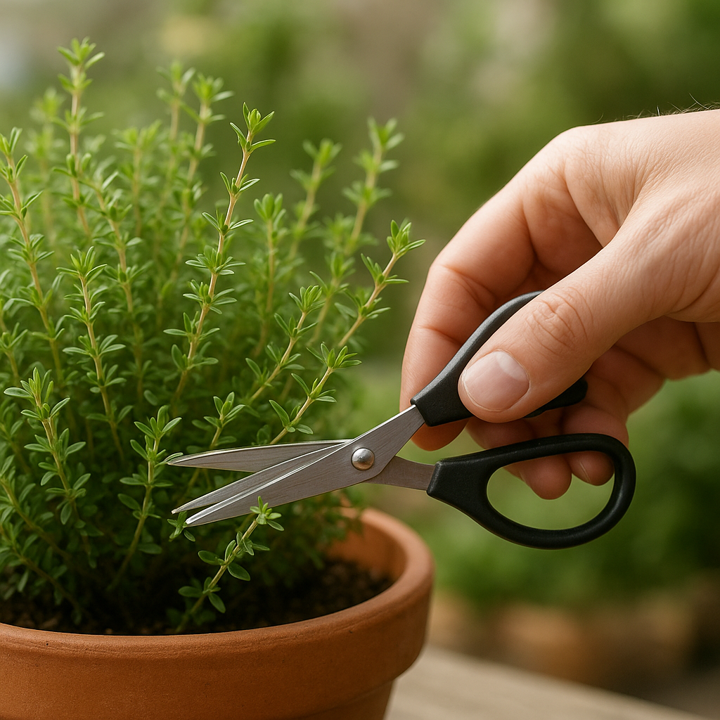 Hand trimming soft thyme tips from a potted plant with small garden scissors