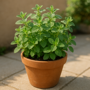 Healthy oregano growing in a terracotta pot on a sunny patio