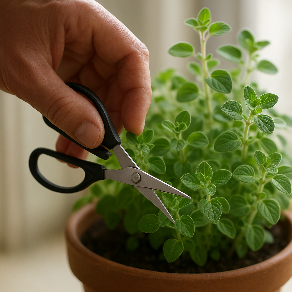 Hand harvesting fresh oregano tips from a potted plant with small scissors