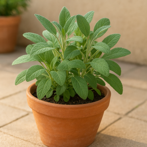 Healthy culinary sage growing in a terracotta pot on a sunny patio