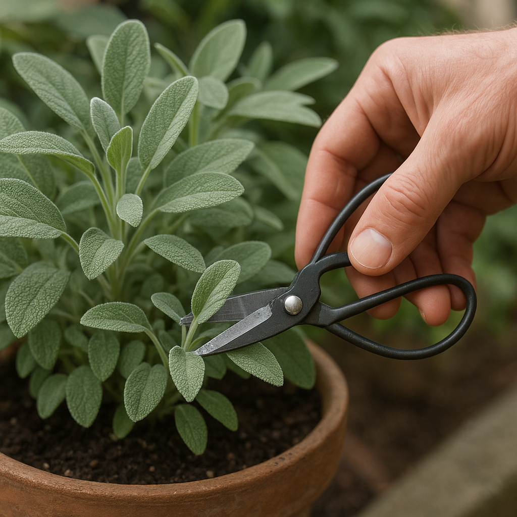 Hand harvesting soft sage tips from a potted plant with small garden snips