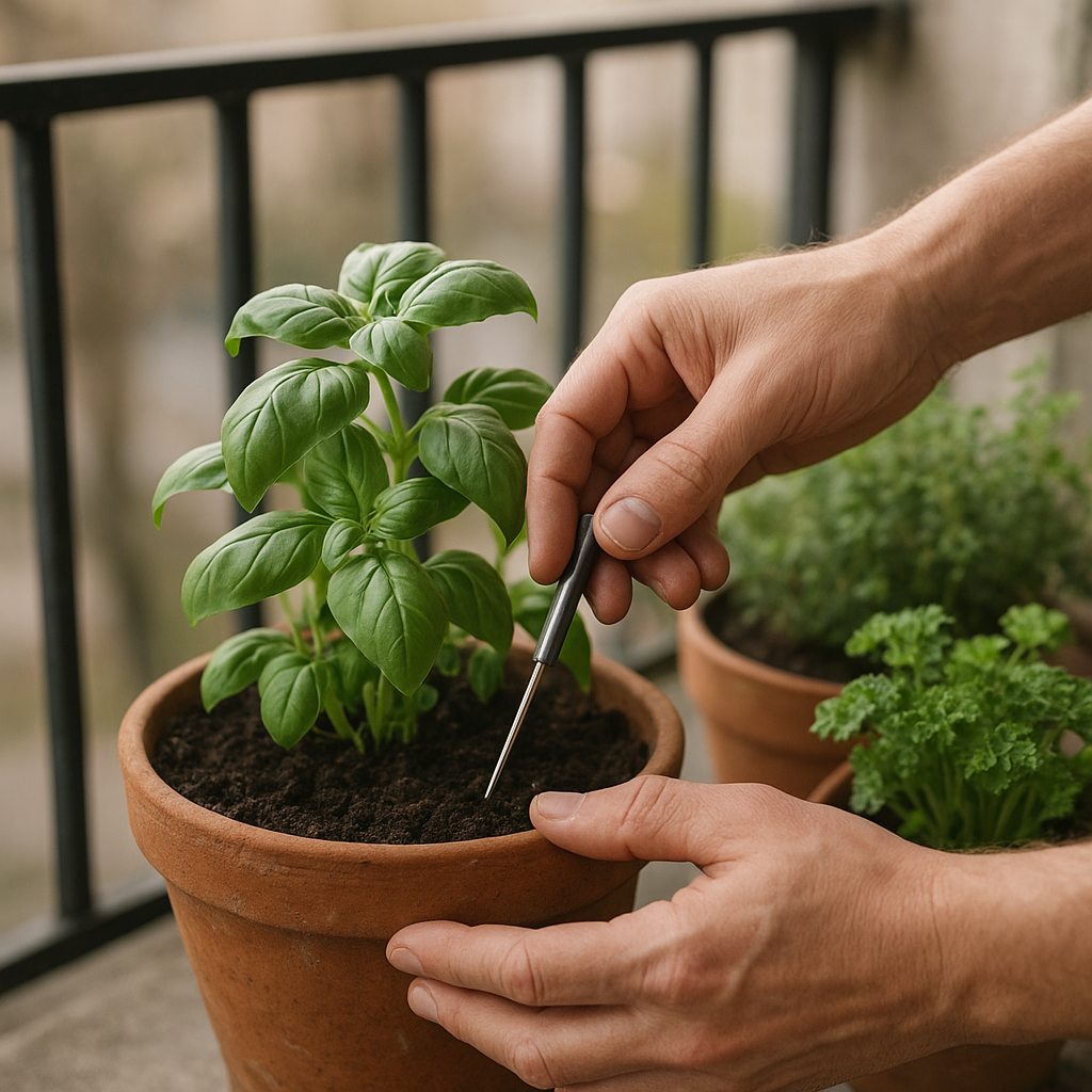 Hand checking soil moisture in a potted herb on a balcony