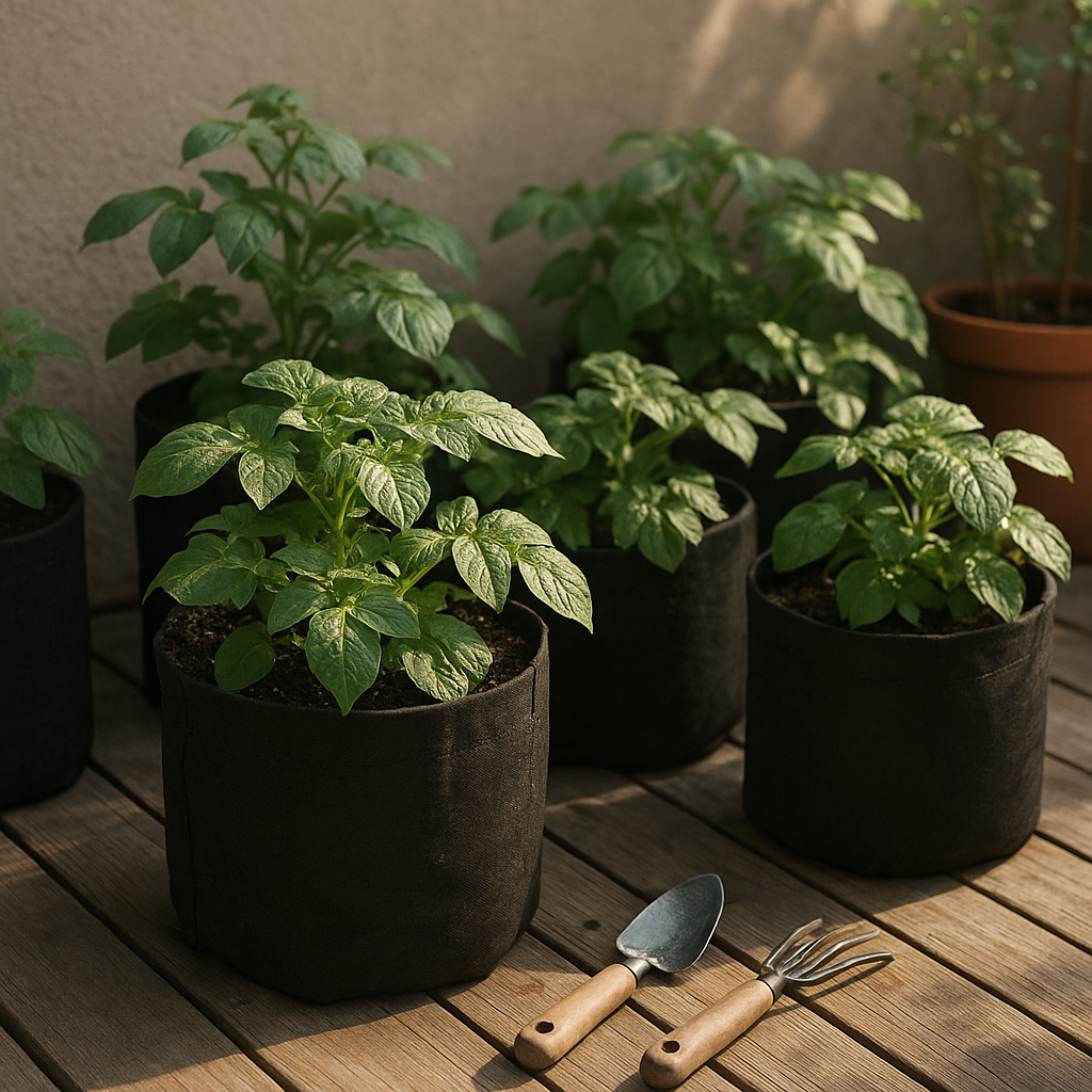 Fabric grow bags with healthy potato plants on a sunny patio