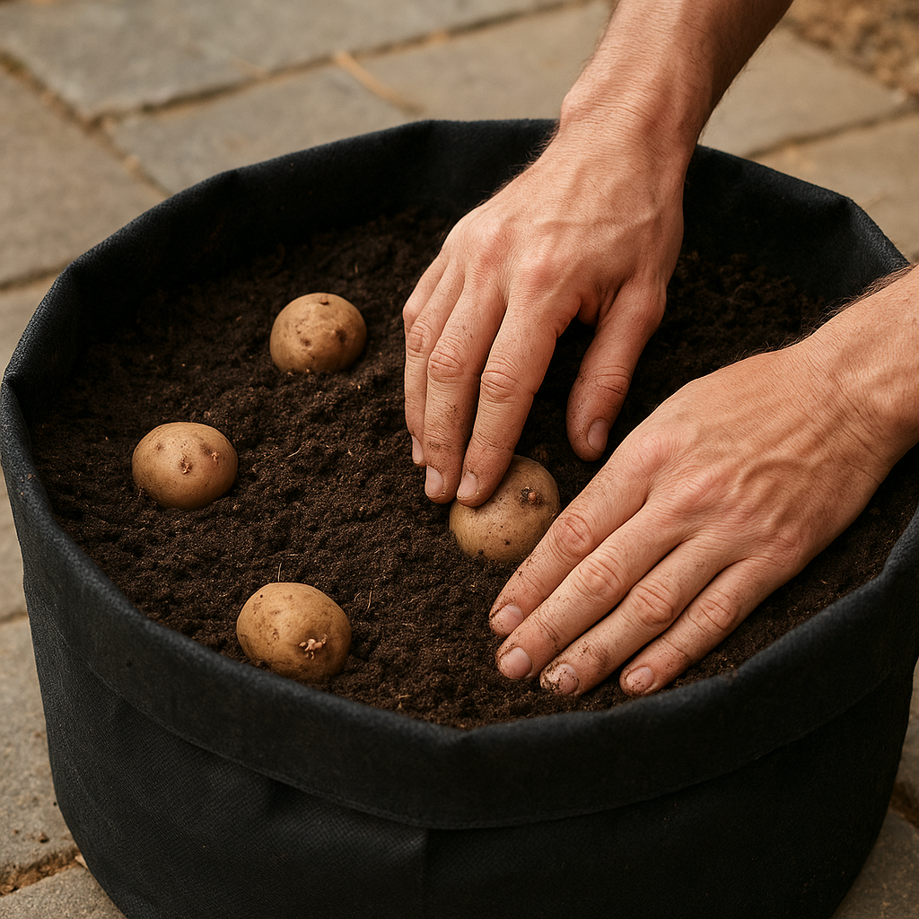 Hands planting seed potatoes into a black fabric grow bag with loose potting mix