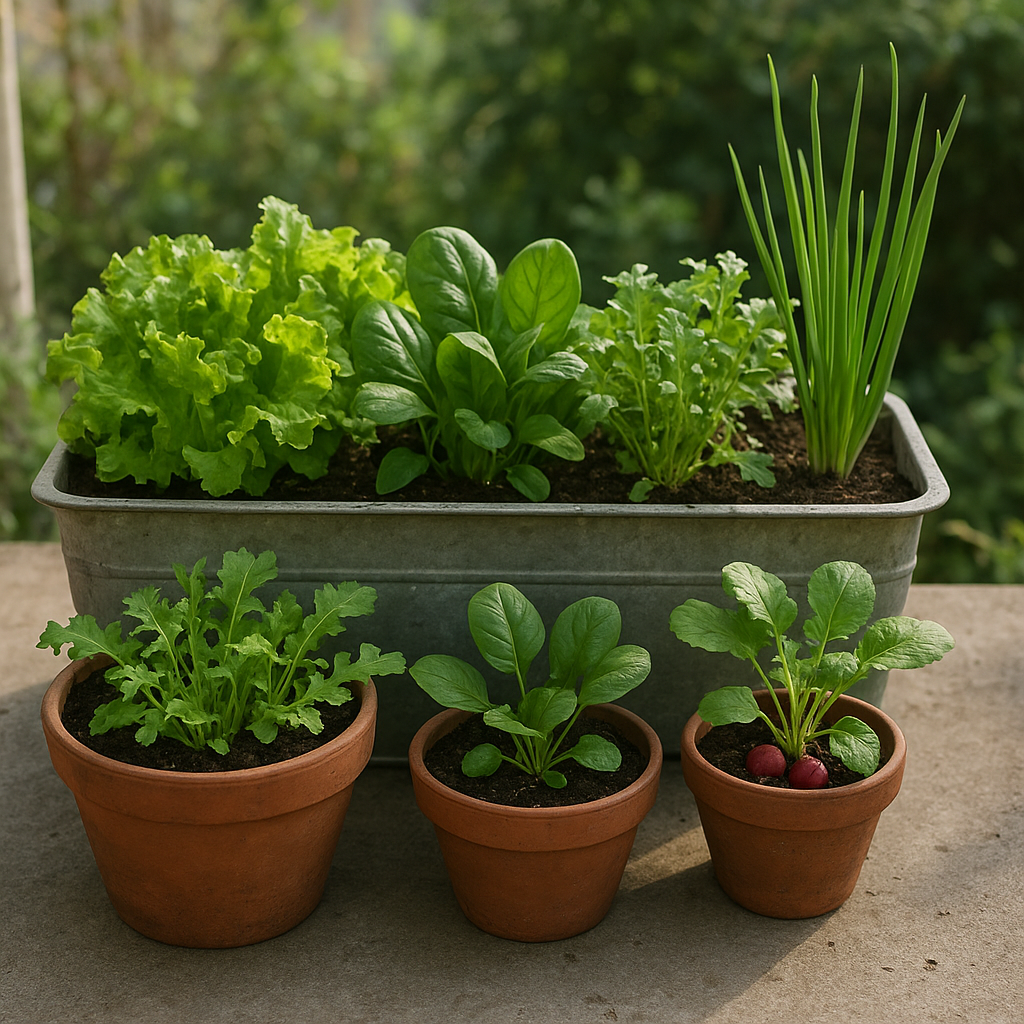 Container salad garden with leafy greens, radishes, and green onions on a patio table