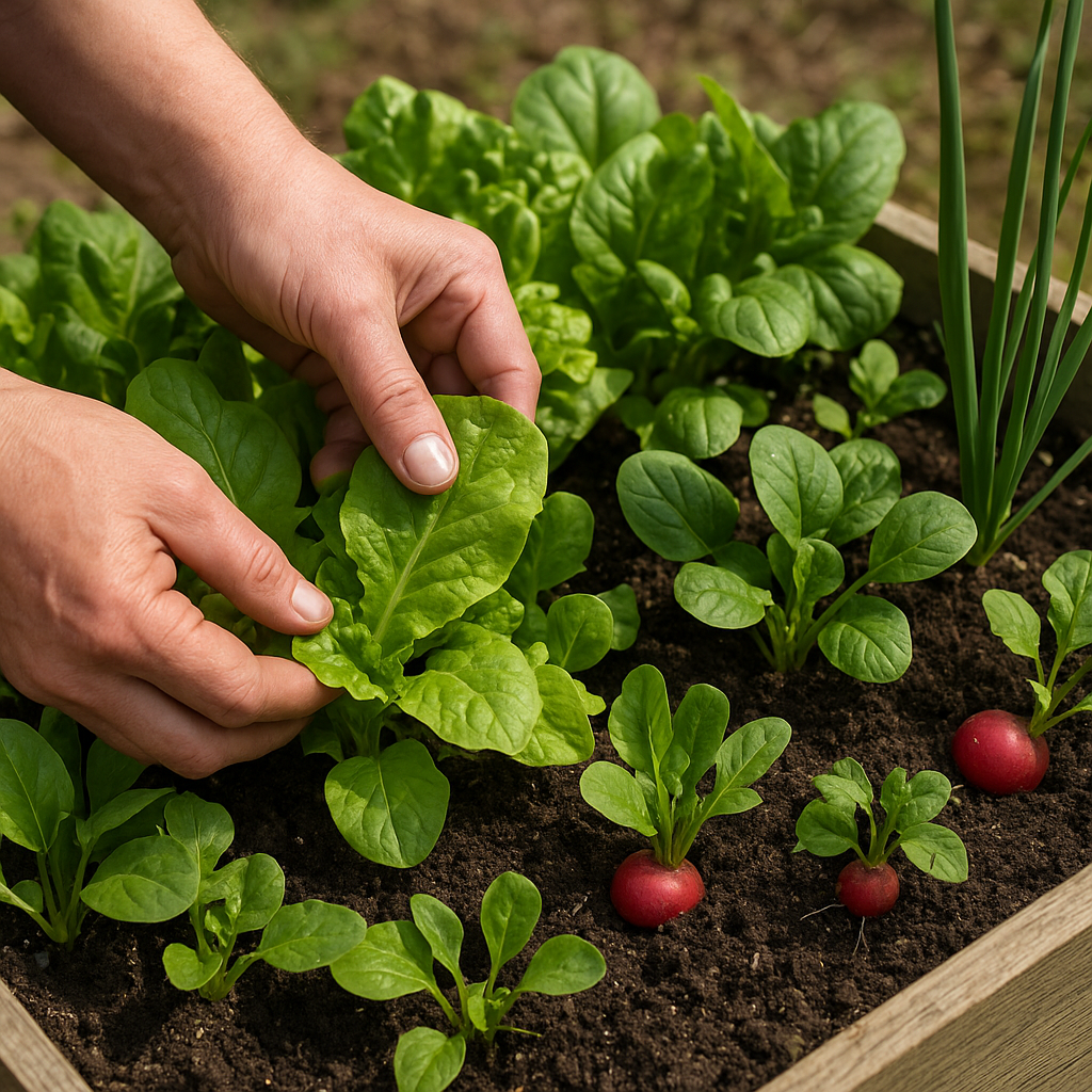Hands harvesting outer leaves from a mixed salad planter