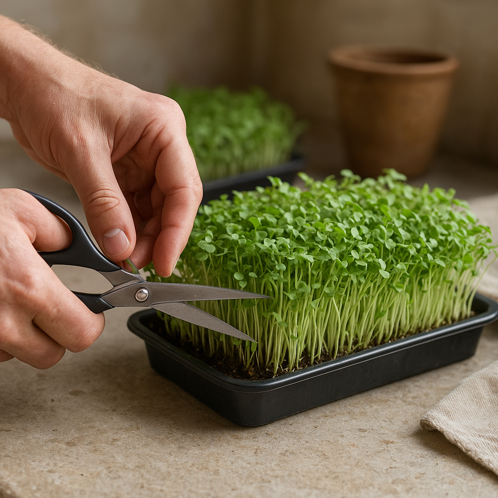 Hands harvesting fresh microgreens from a shallow indoor tray with scissors.