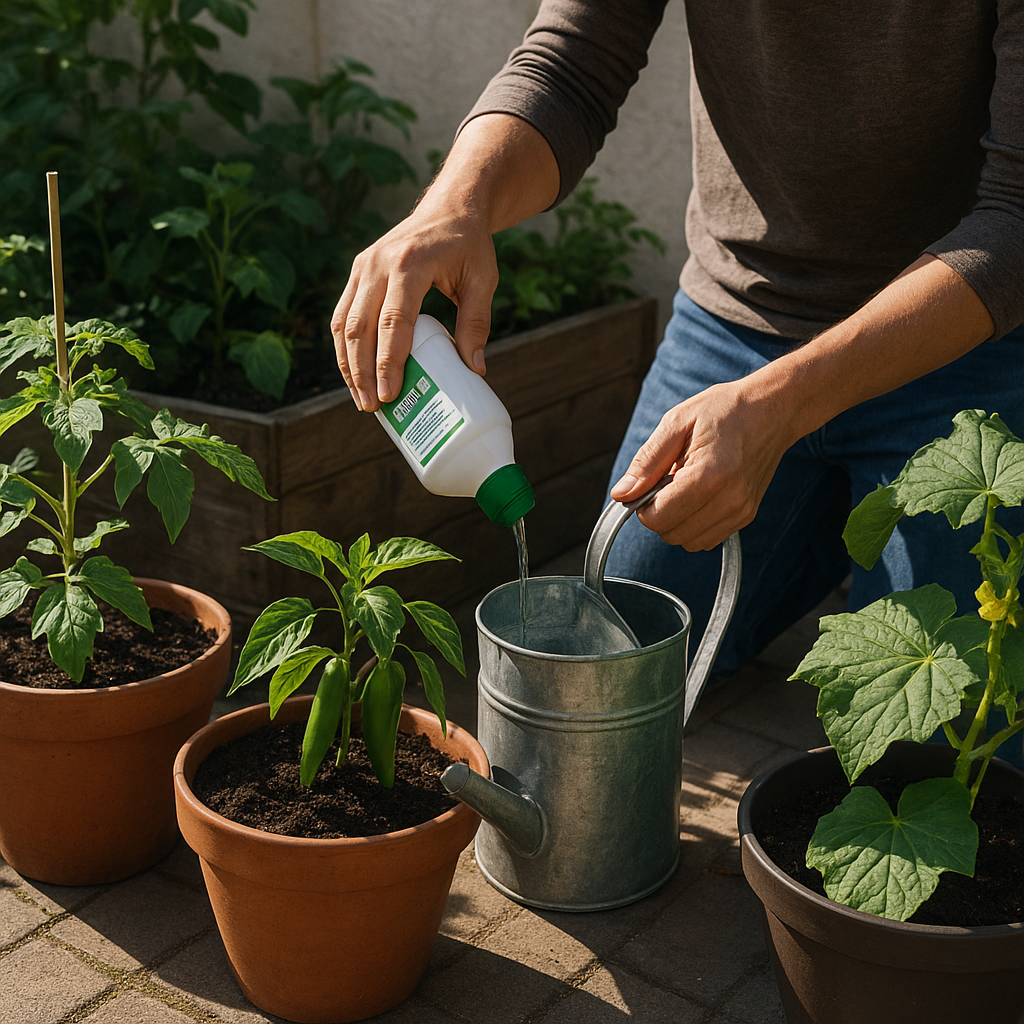 Gardener measuring fertilizer for vegetables growing in patio containers