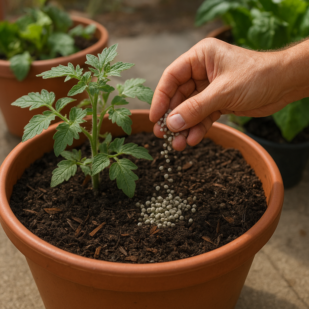 Hand adding slow-release fertilizer to a tomato plant growing in a container