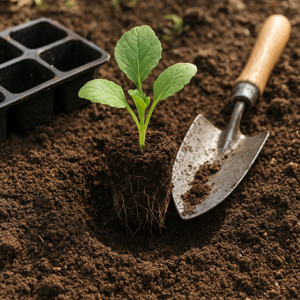A seedling root ball being slipped from a tray into a planting hole