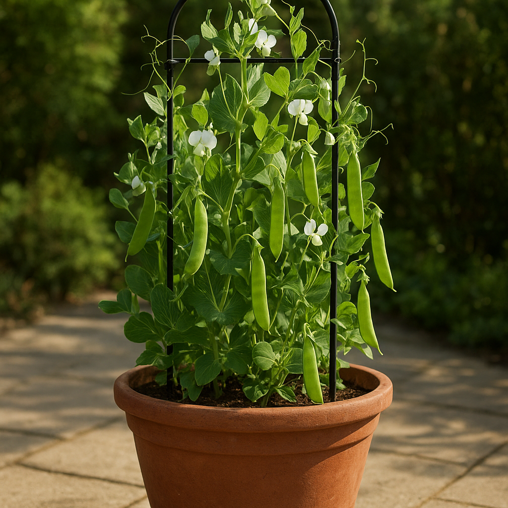 Sugar snap peas climbing a trellis in a patio container