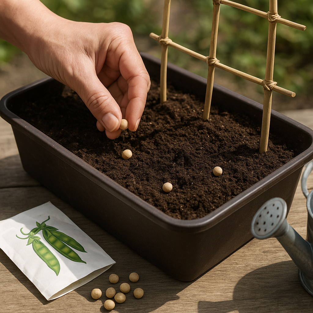 Hands planting sugar snap pea seeds in a container beside a bamboo trellis
