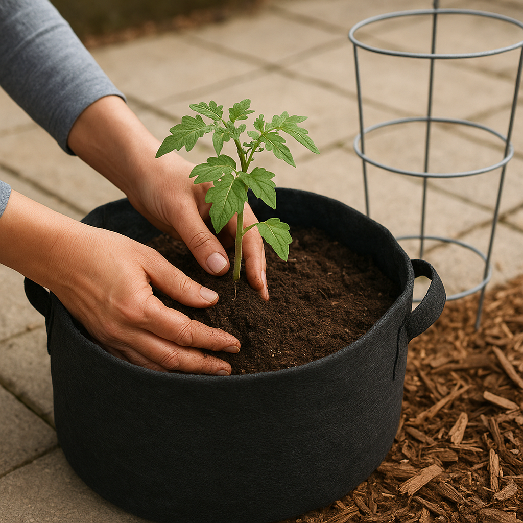 Hands planting a tomato seedling into a black fabric grow bag with potting mix