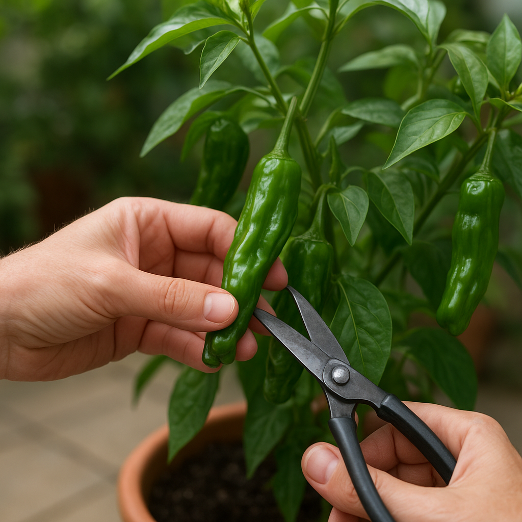 Hand harvesting green shishito peppers from a potted plant