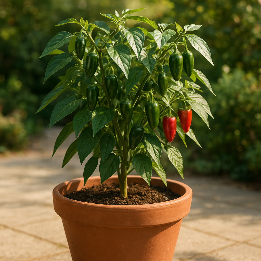 Healthy jalapeño pepper plant growing in a large terracotta pot on a sunny patio