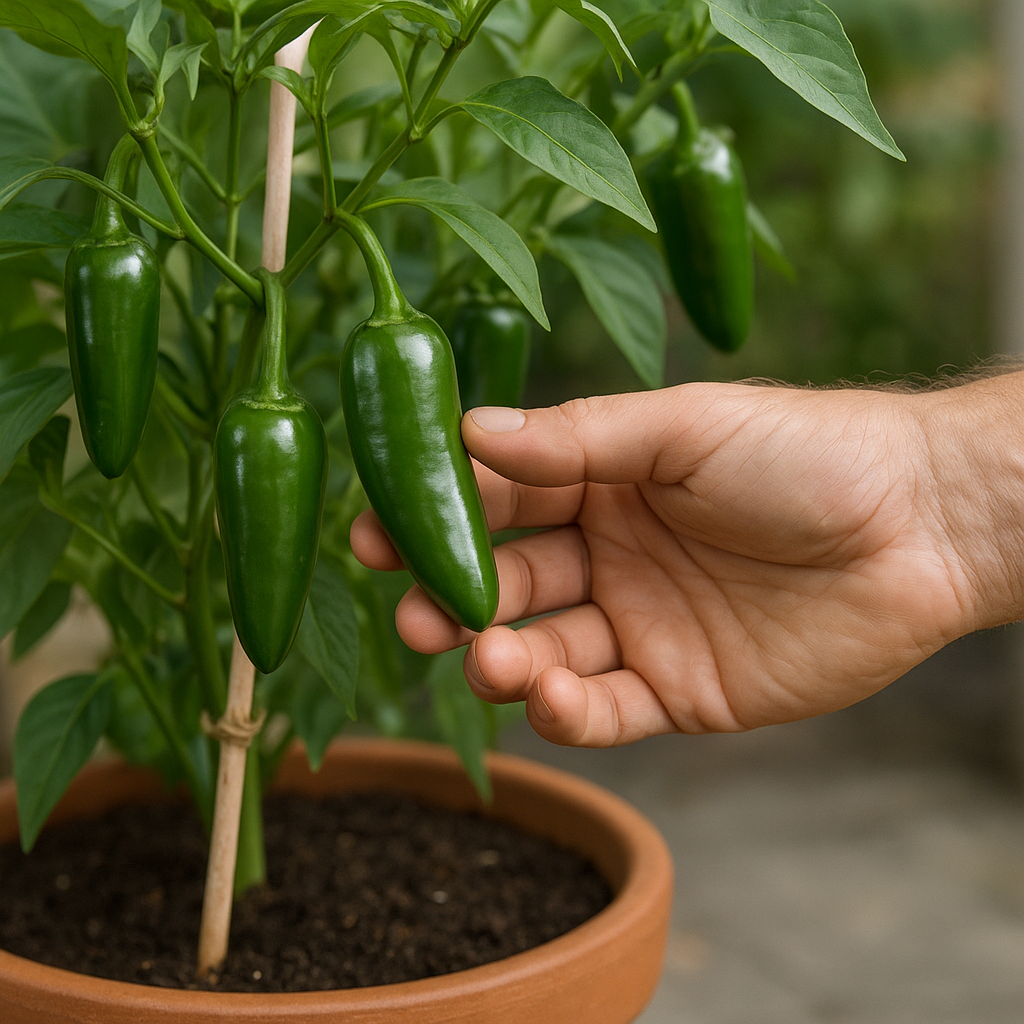 Hand harvesting glossy green jalapeños from a potted pepper plant
