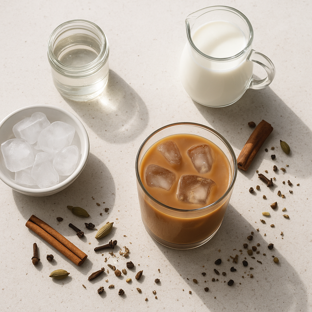 Overhead view of chai concentrate, milk, simple syrup, ice, and chai spices on a kitchen counter