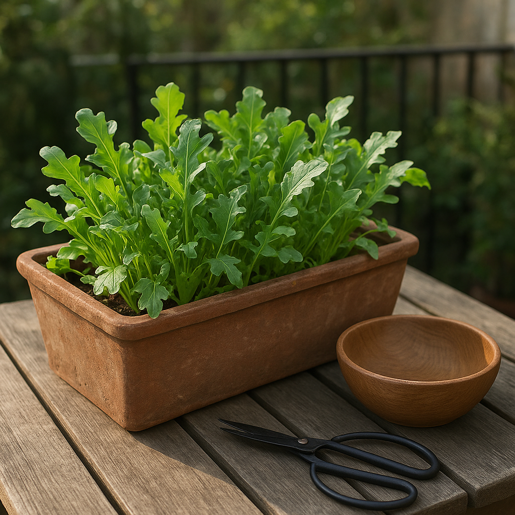 Fresh arugula growing in a rustic planter beside a wooden bowl on a sunny patio