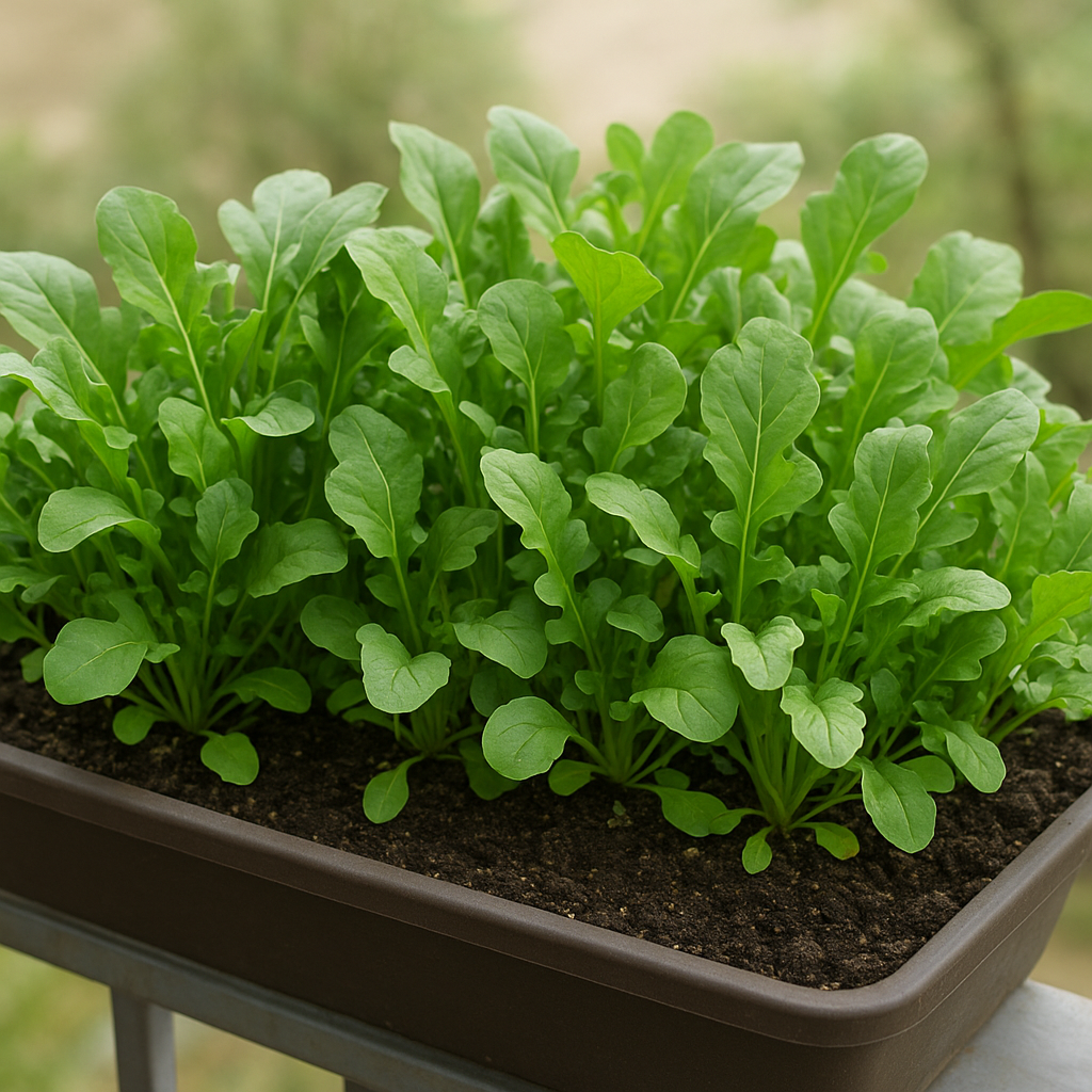 Close-up of arugula growing thickly in a shallow balcony planter