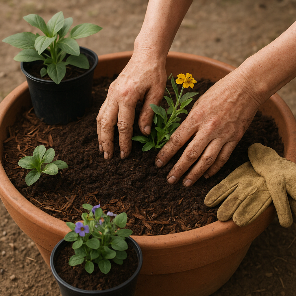 Hands planting native flowers into a wide patio container with potting mix and mulch nearby