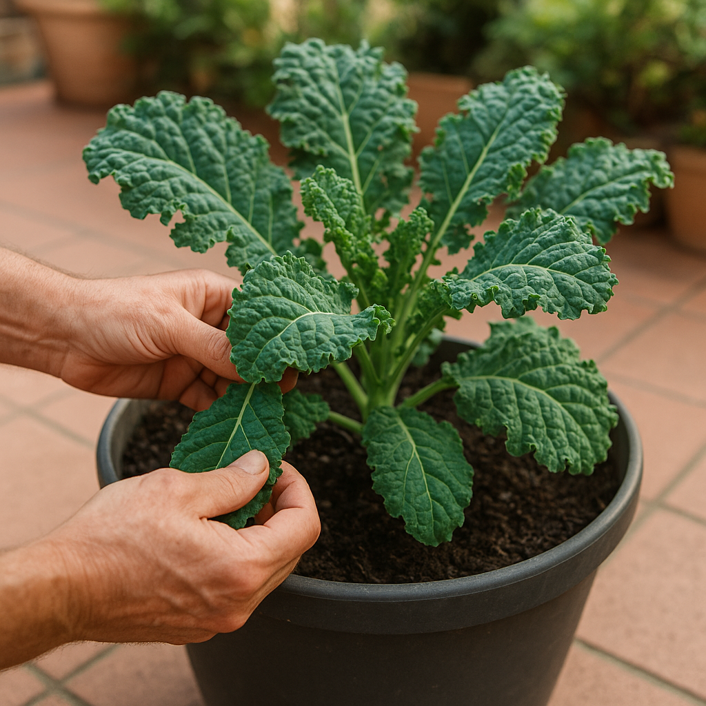 Hands harvesting outer kale leaves from a patio container