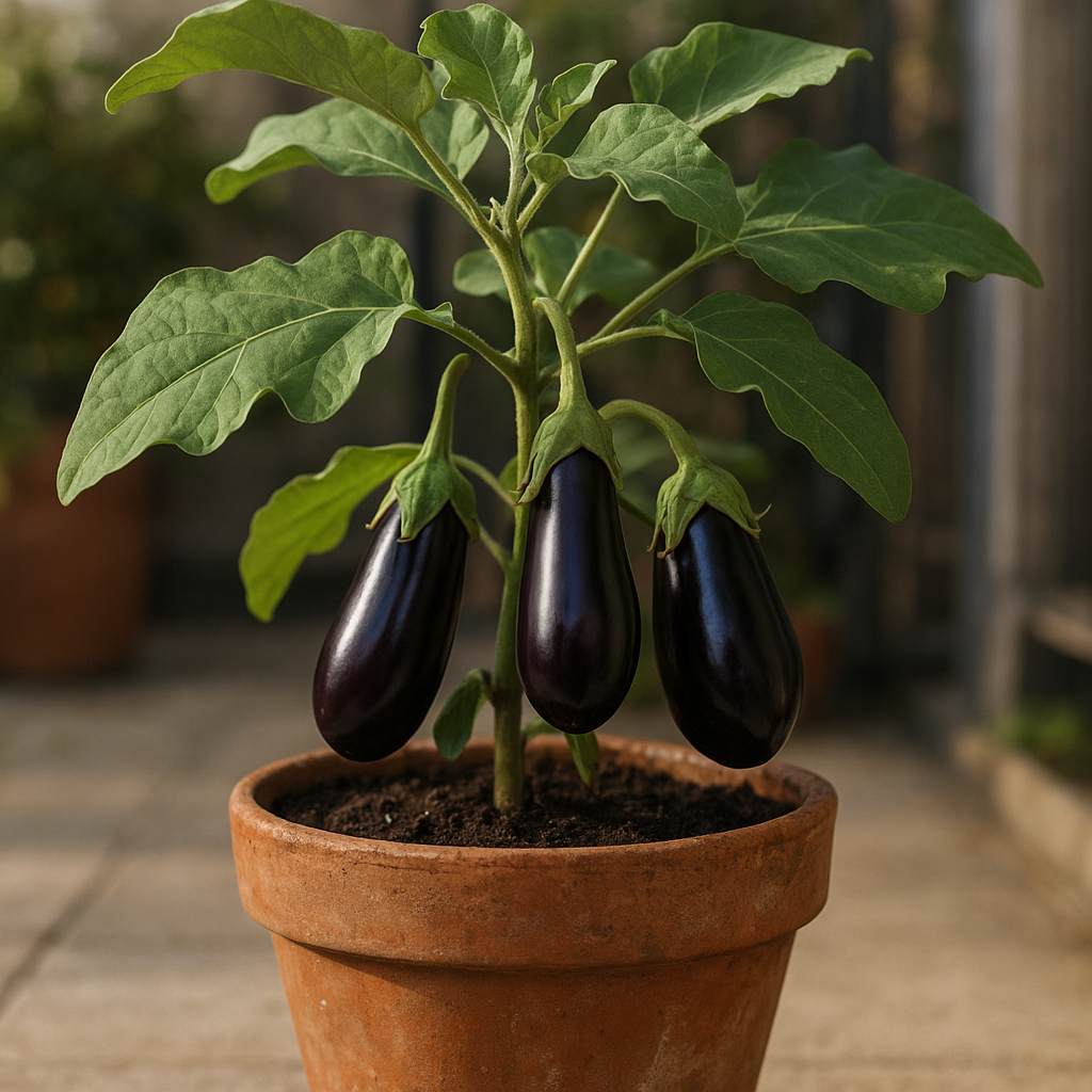 Compact eggplant plant growing in a terracotta pot with glossy purple fruit on a sunny patio