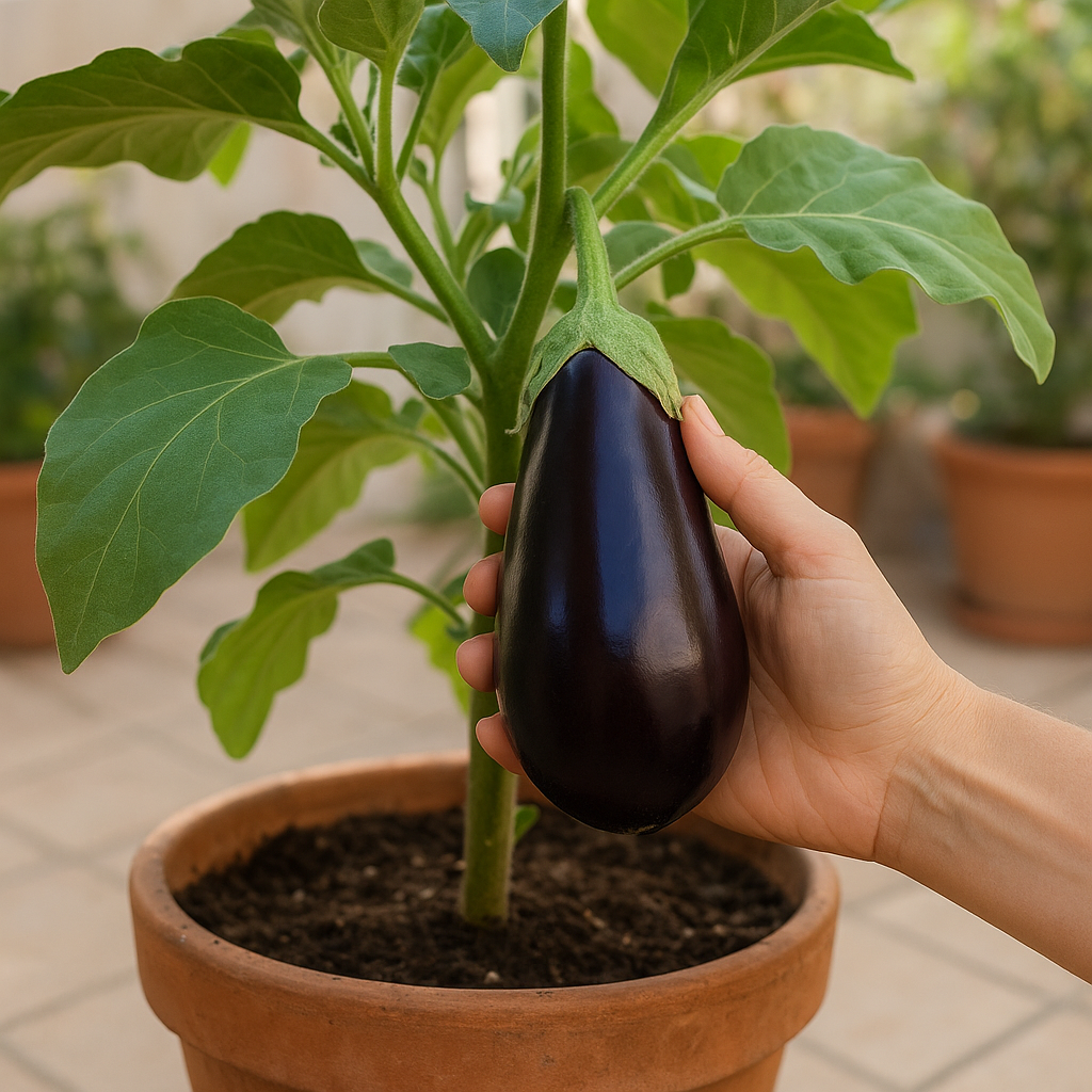 Hand harvesting a glossy eggplant from a potted plant on a patio