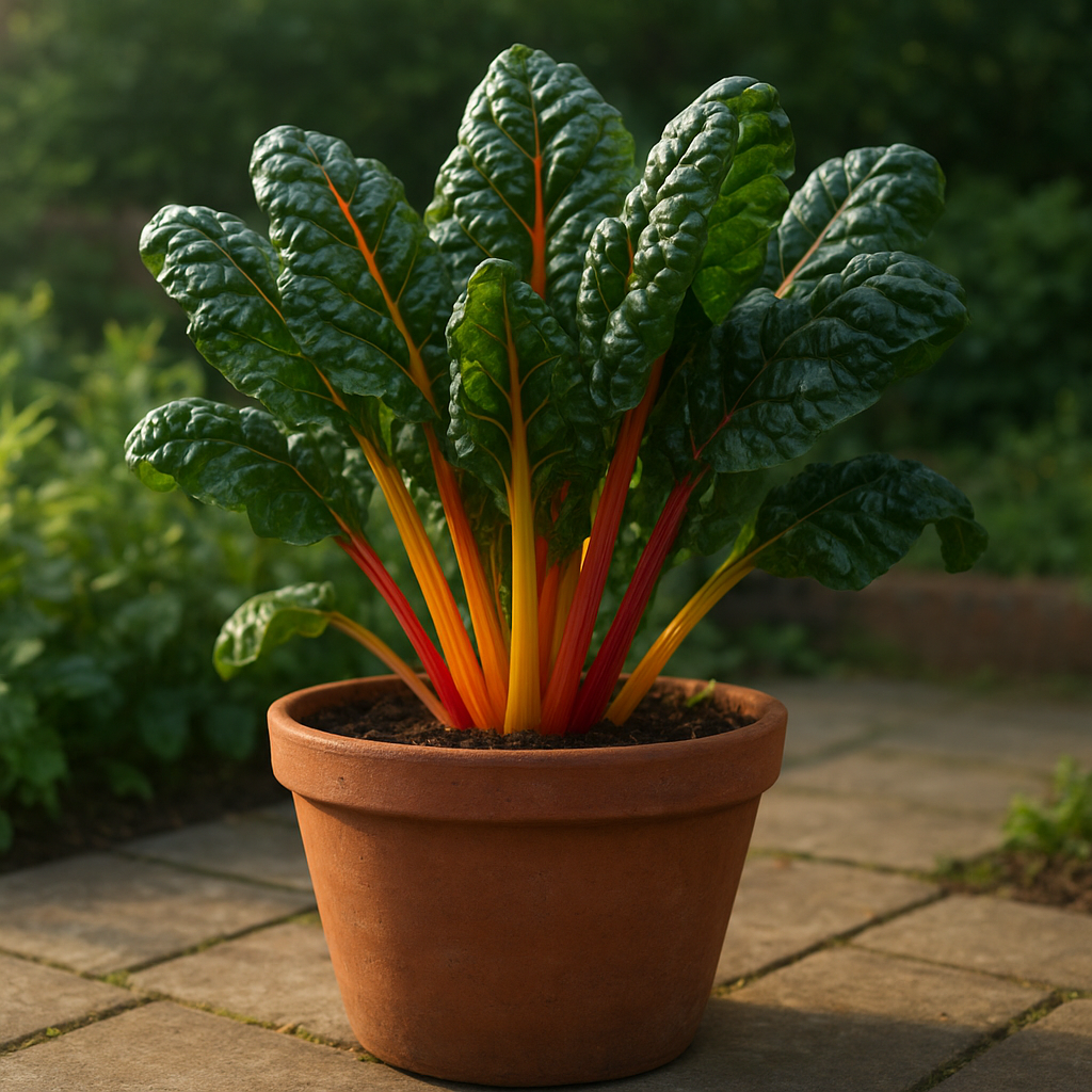 Colorful Swiss chard growing in a large patio container