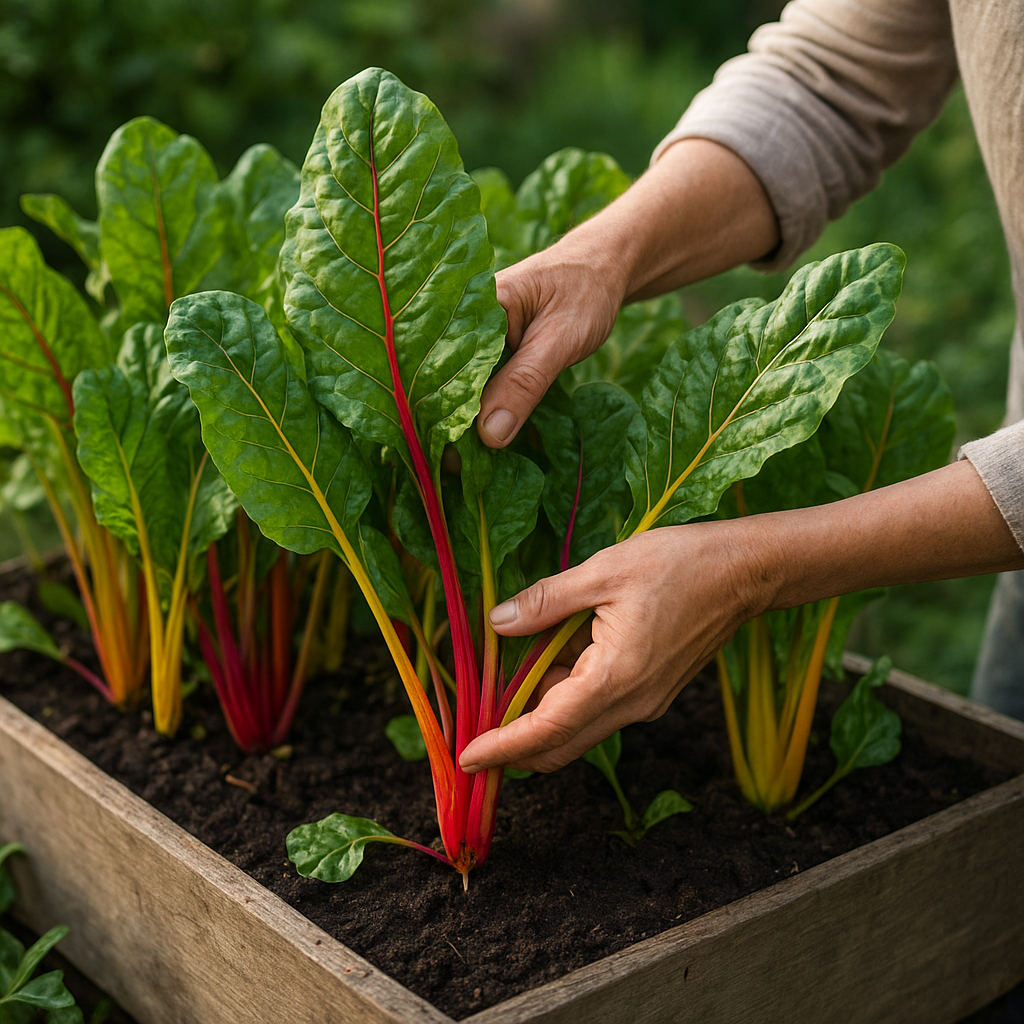Hands harvesting outer Swiss chard leaves from a container planter