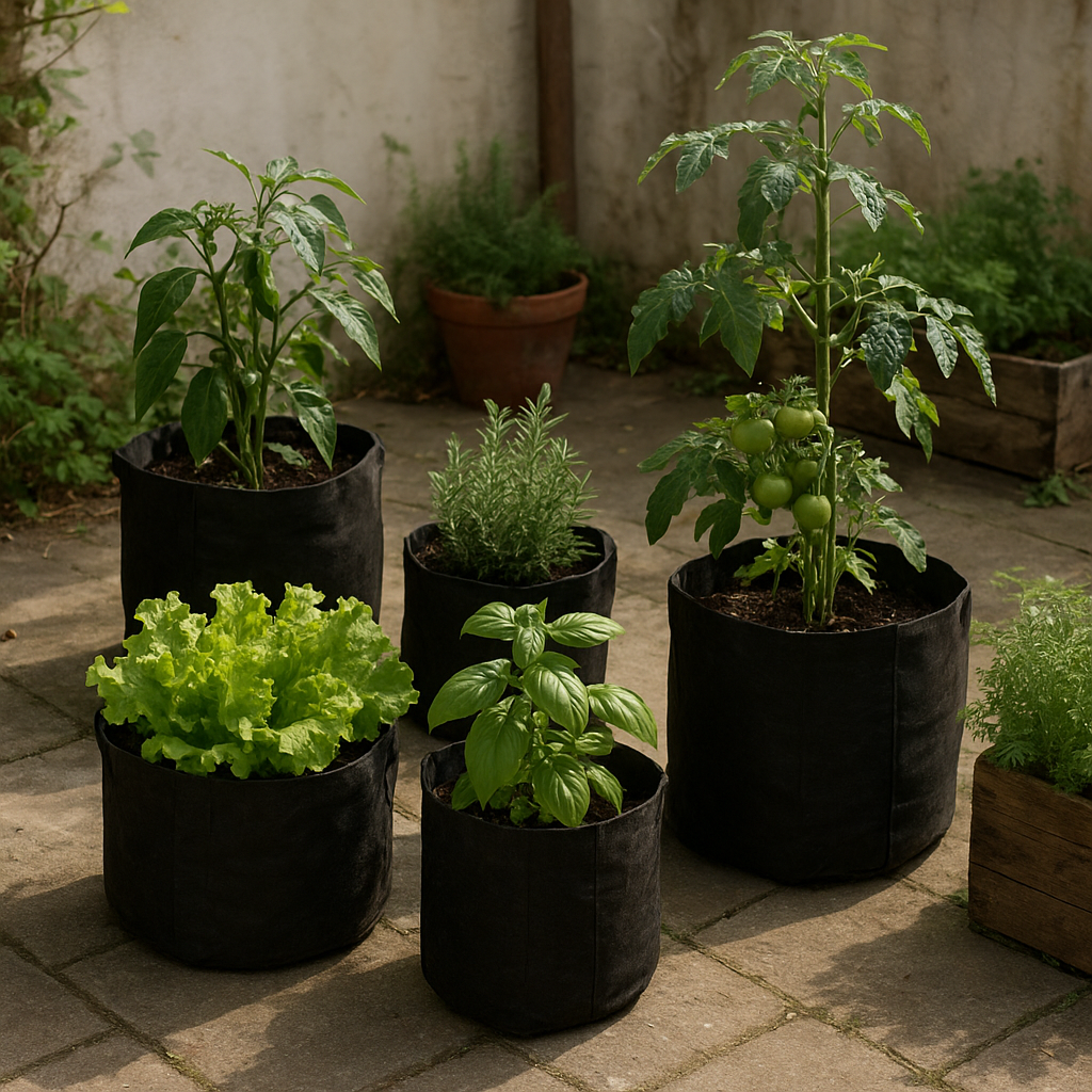 Vegetables growing in black fabric grow bags on a sunny patio