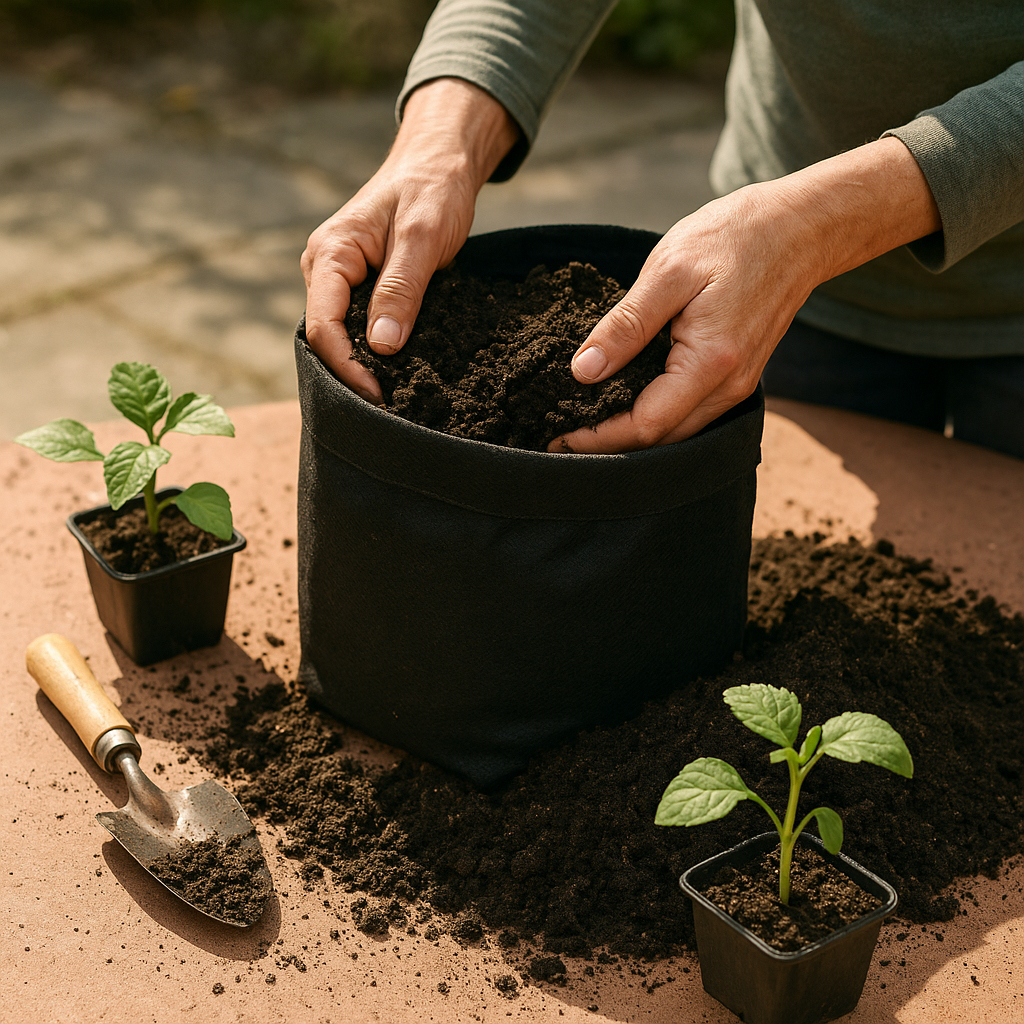 Hands filling a black fabric grow bag with potting mix beside vegetable seedlings