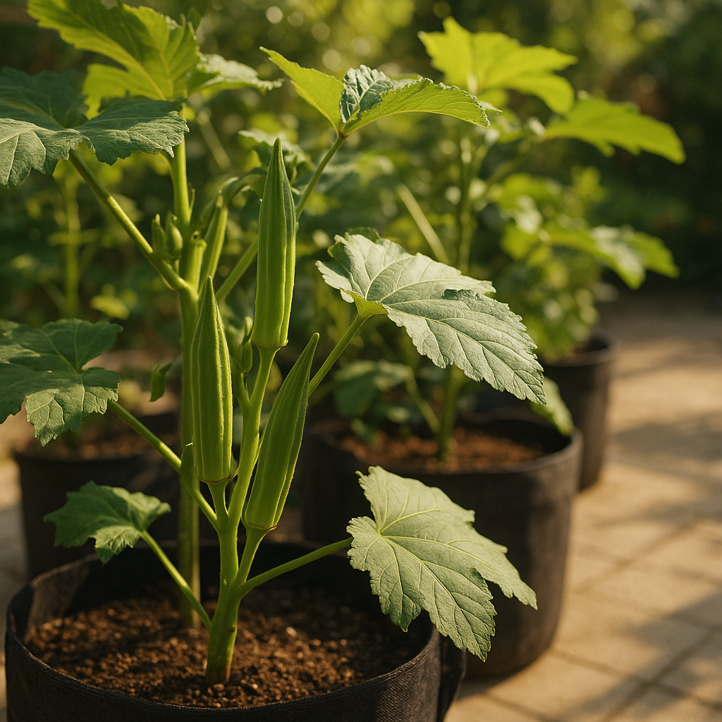 Healthy okra plants growing in large containers on a sunny patio