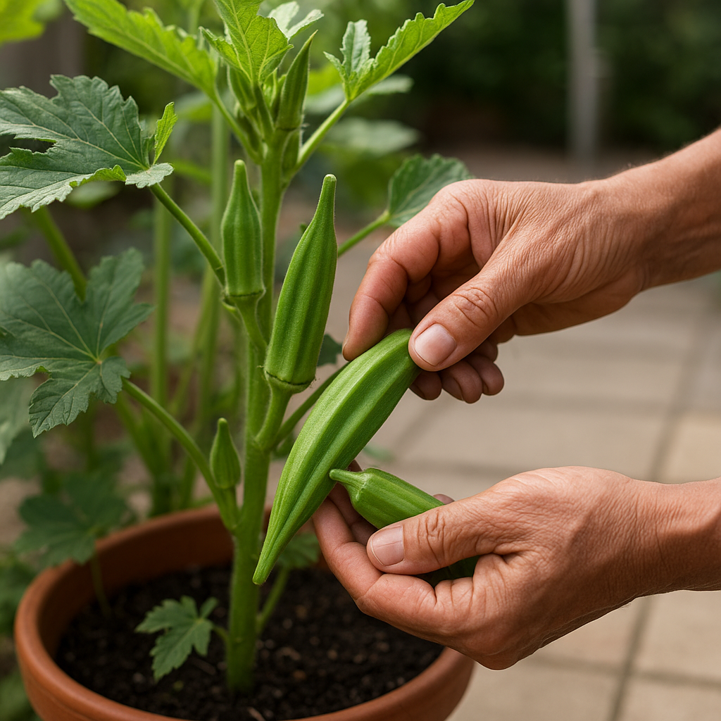 Hand harvesting green okra pods from a container-grown plant