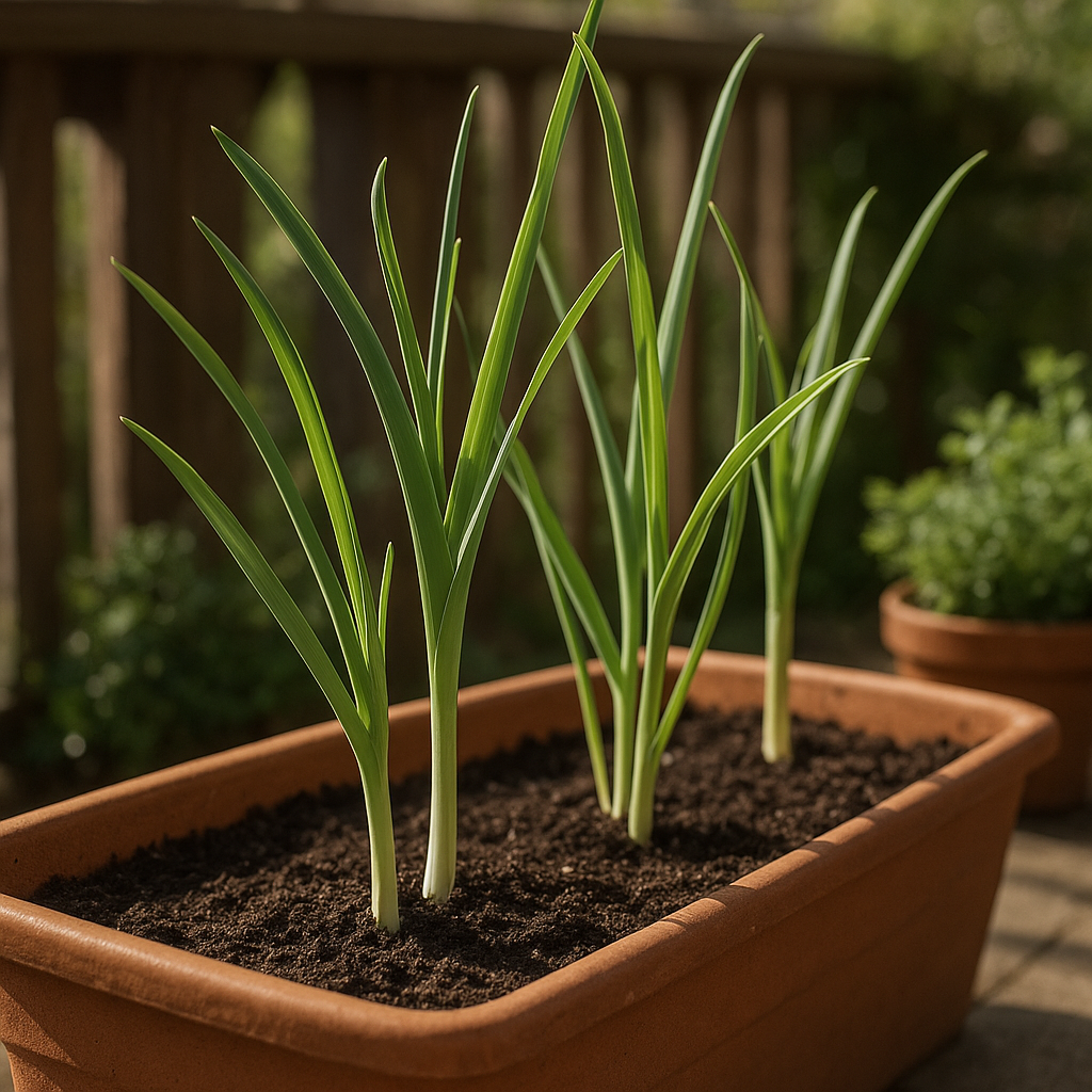 Young garlic growing in a wide terracotta container on a sunny patio