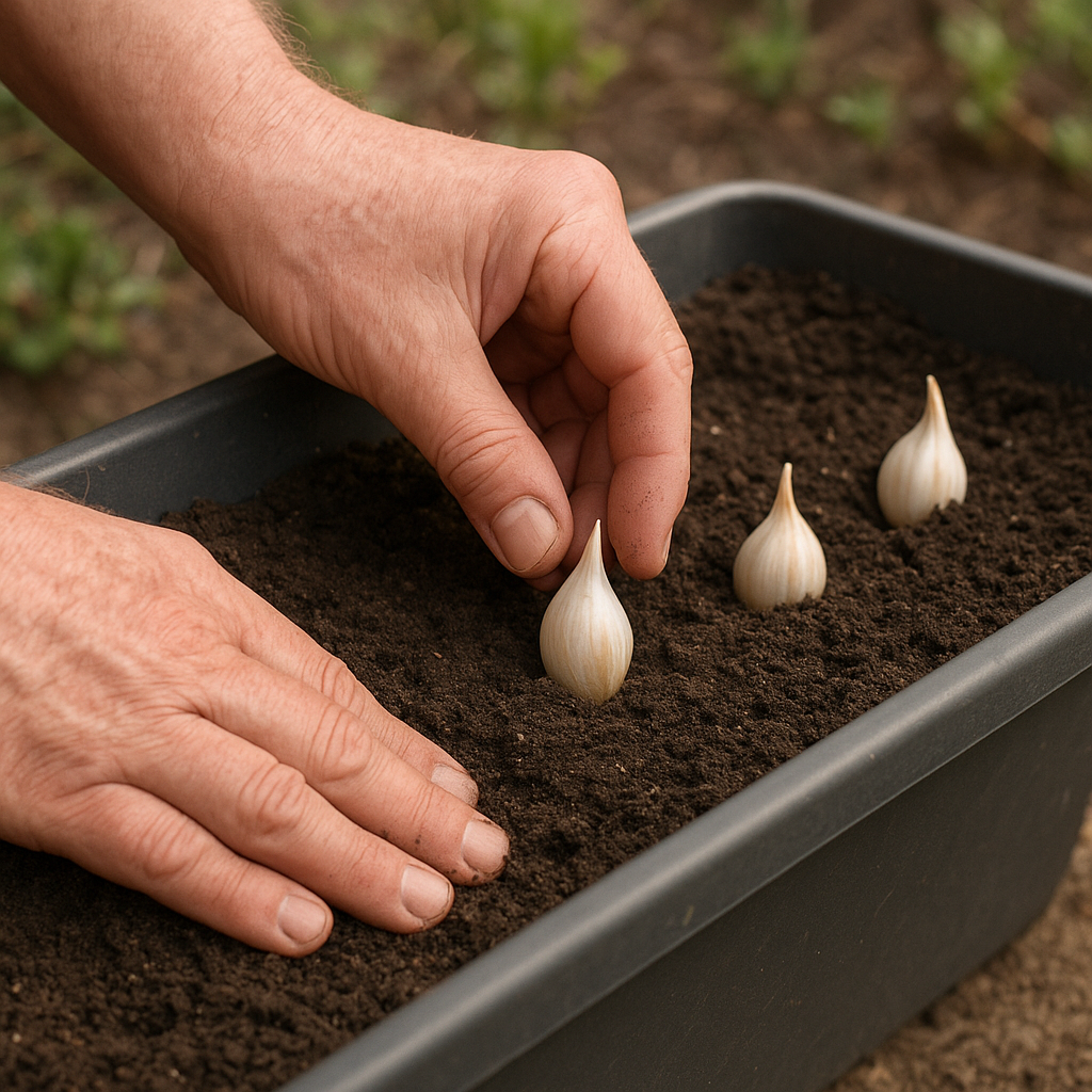 Hands planting garlic cloves point-up into a deep planter filled with loose potting mix