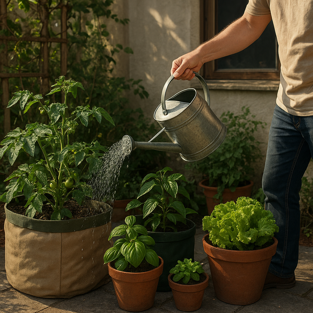 Container vegetables in pots and grow bags being watered on a patio