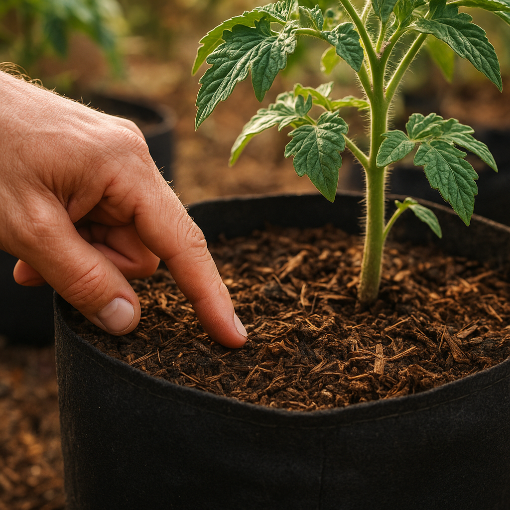 Finger checking soil moisture in a fabric grow bag beside a tomato plant