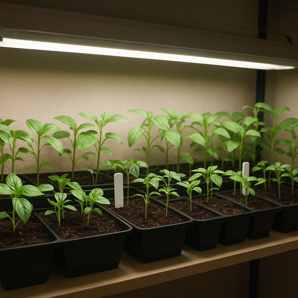 Indoor seed starting trays with labeled vegetable seedlings under grow lights