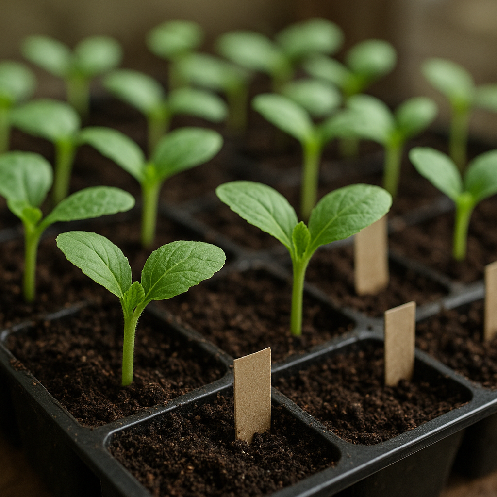 Close-up of healthy indoor seedlings with short sturdy stems in a tray