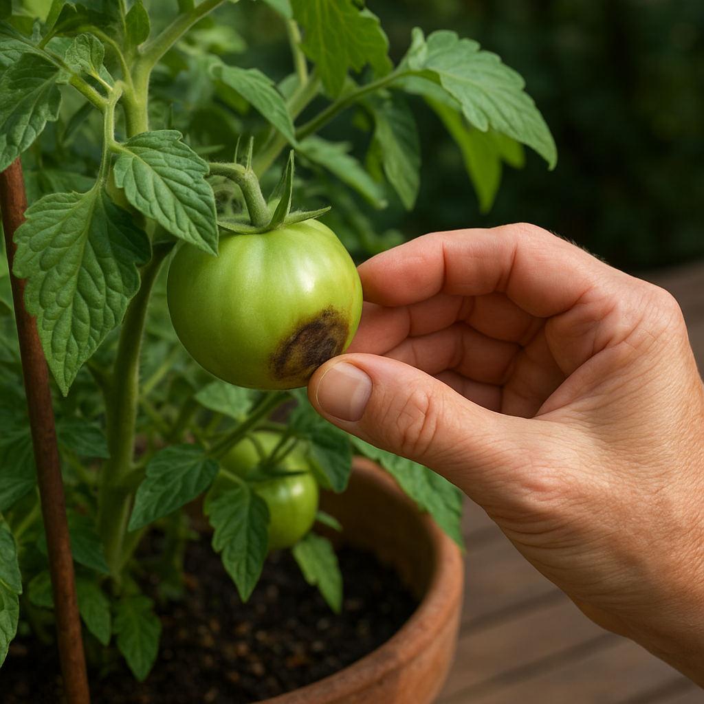 Close-up of a patio tomato plant with a green tomato showing blossom-end rot