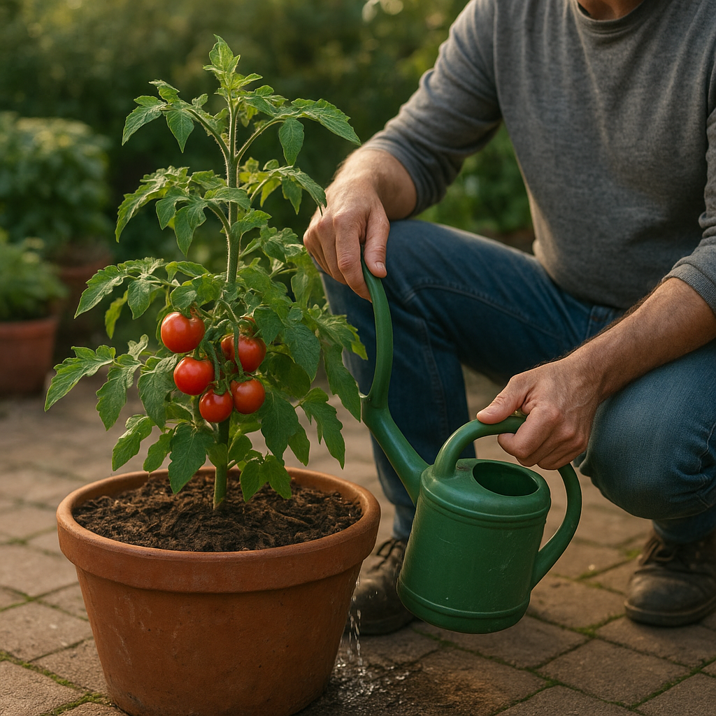 Gardener watering a tomato plant deeply in a large patio container