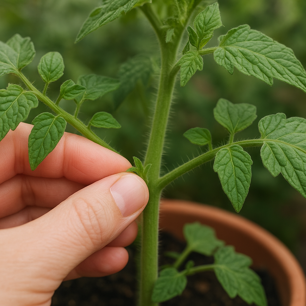 Close-up of fingers pinching a small tomato sucker from a potted tomato plant