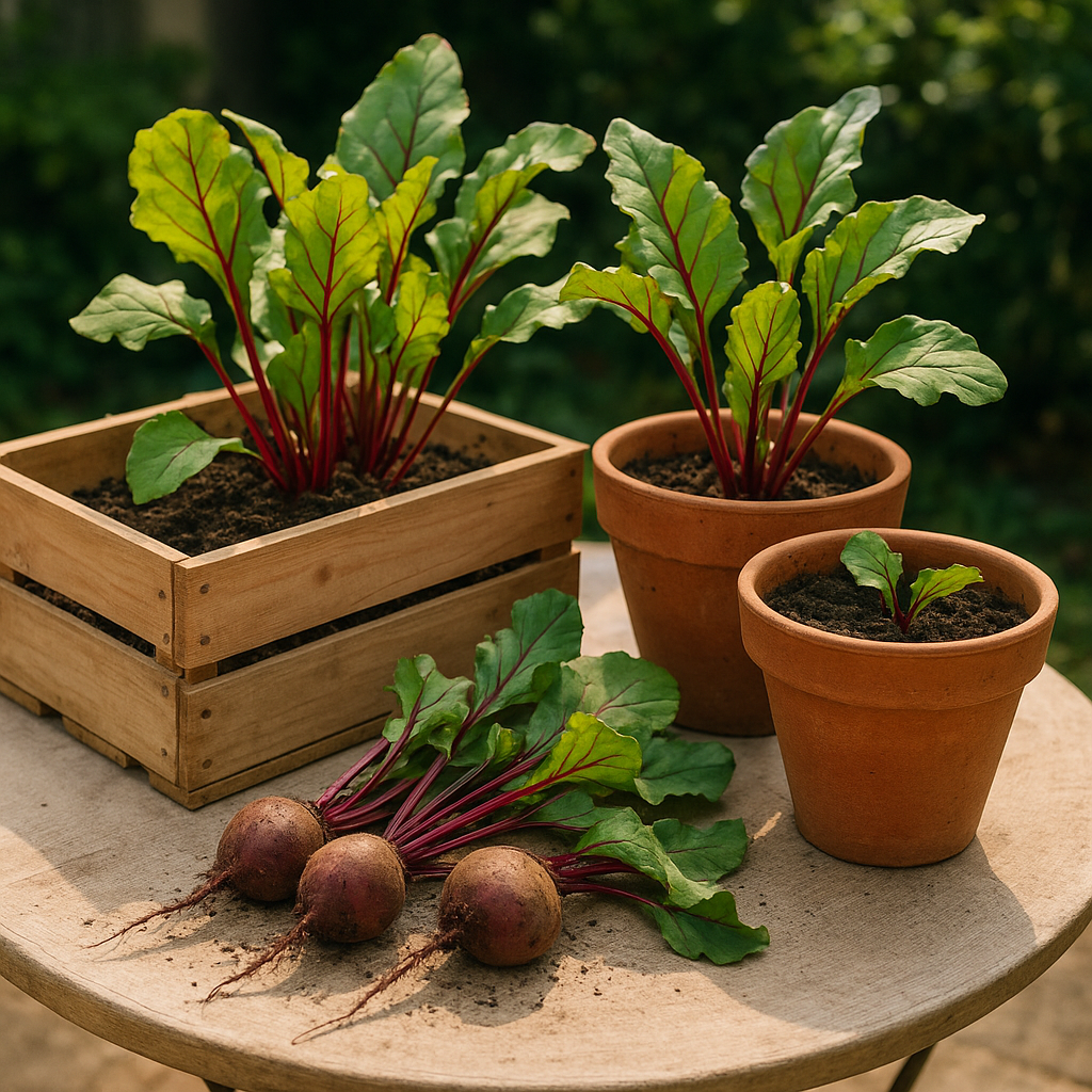 Healthy beet plants growing in terracotta pots on a sunny patio with a few harvested beets beside them