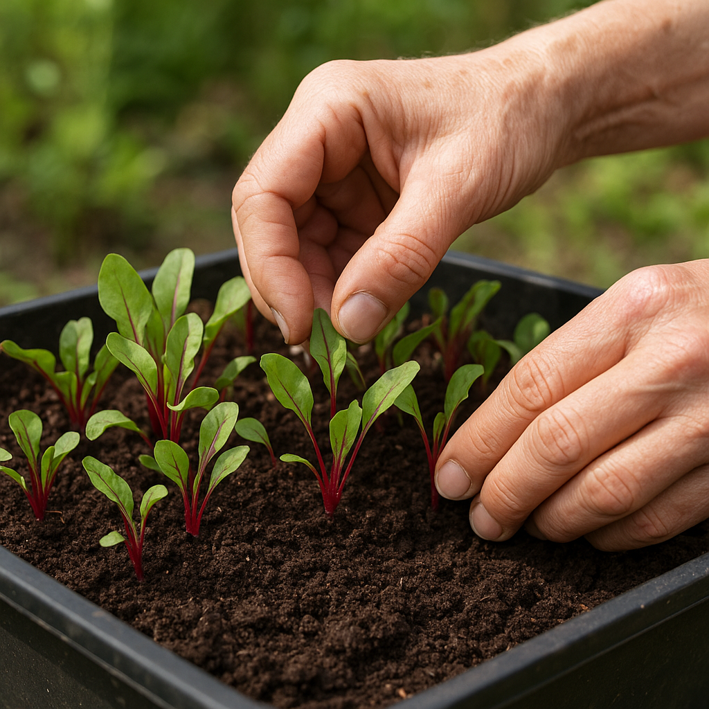Hands thinning crowded beet seedlings in a deep container