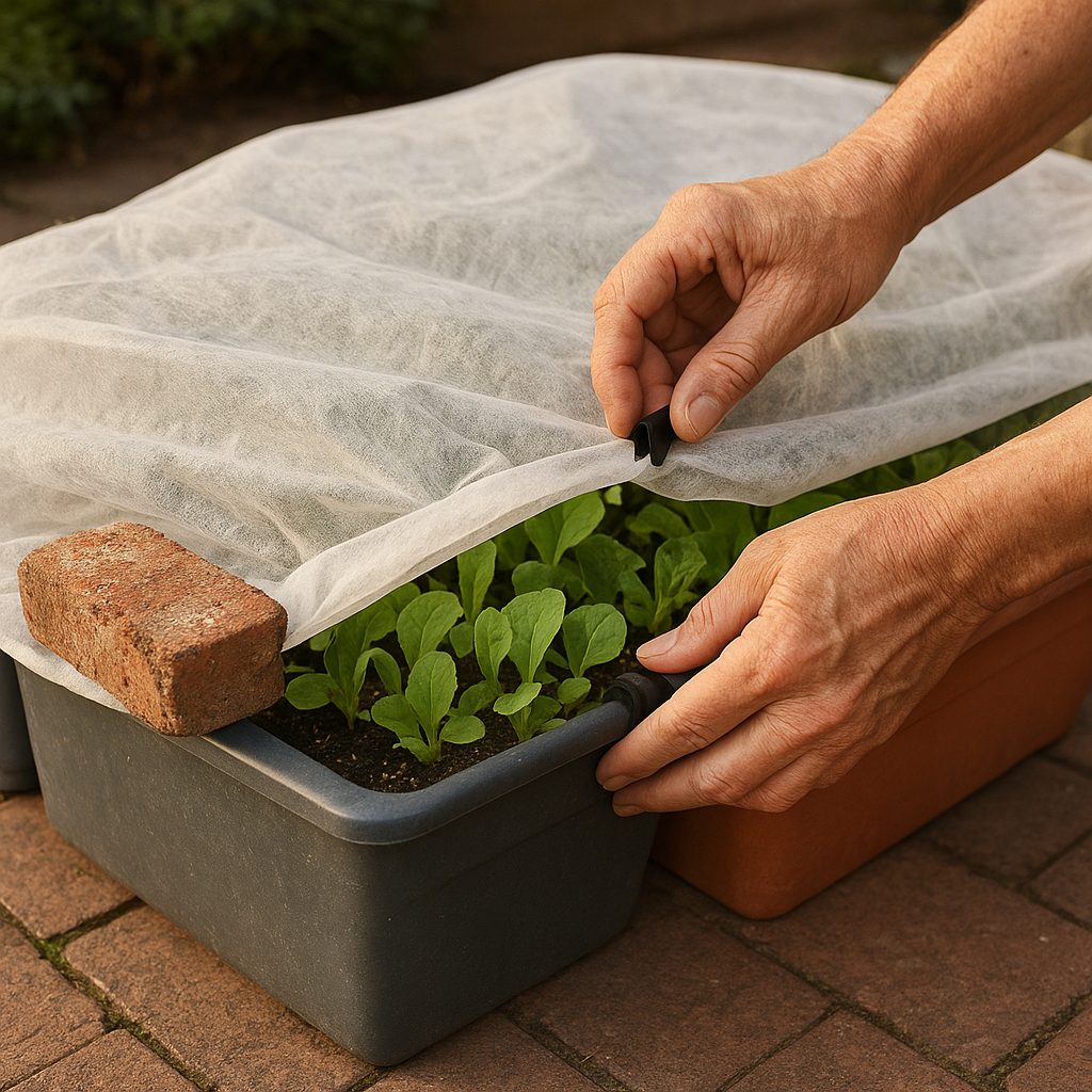 Hands securing a frost cover over potted vegetables with clips and bricks