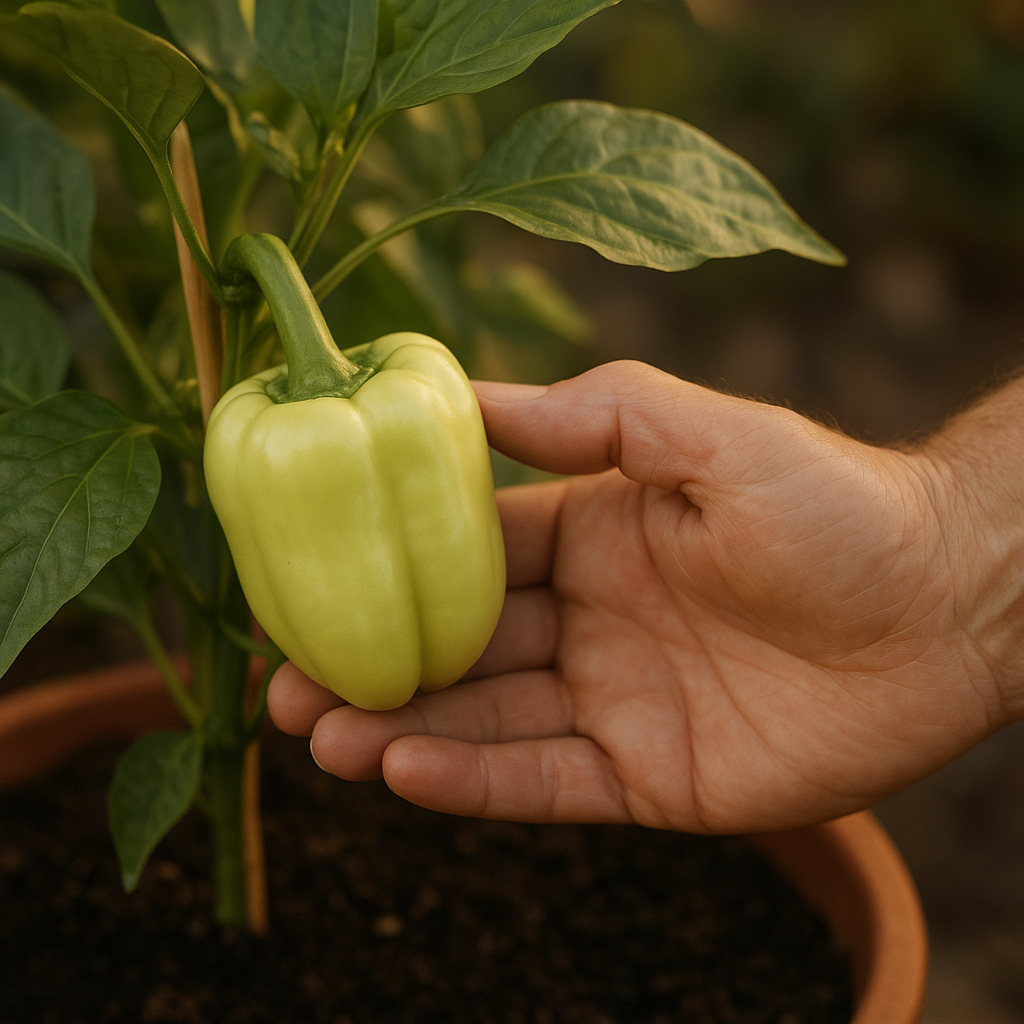 Hand checking a pale green bell pepper on a container plant with a bamboo stake