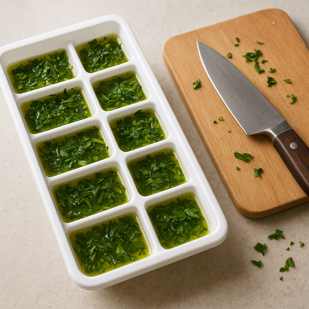 Fresh herbs frozen in olive oil in an ice cube tray