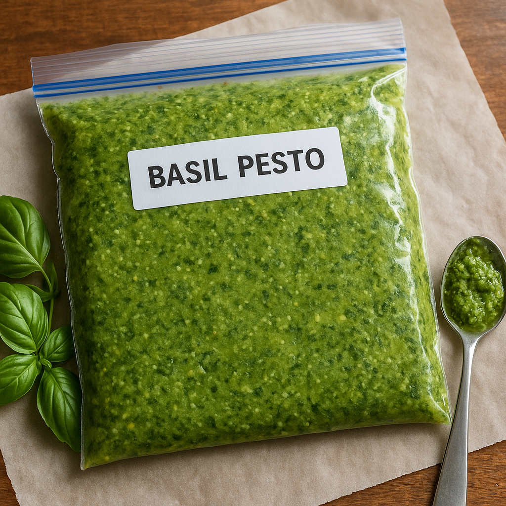 Basil pesto frozen flat in a freezer bag